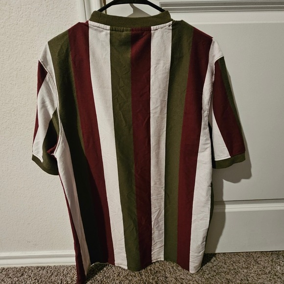 Men's Striped T Shirt Olive Burgundy White Size L - Picture 4 of 5